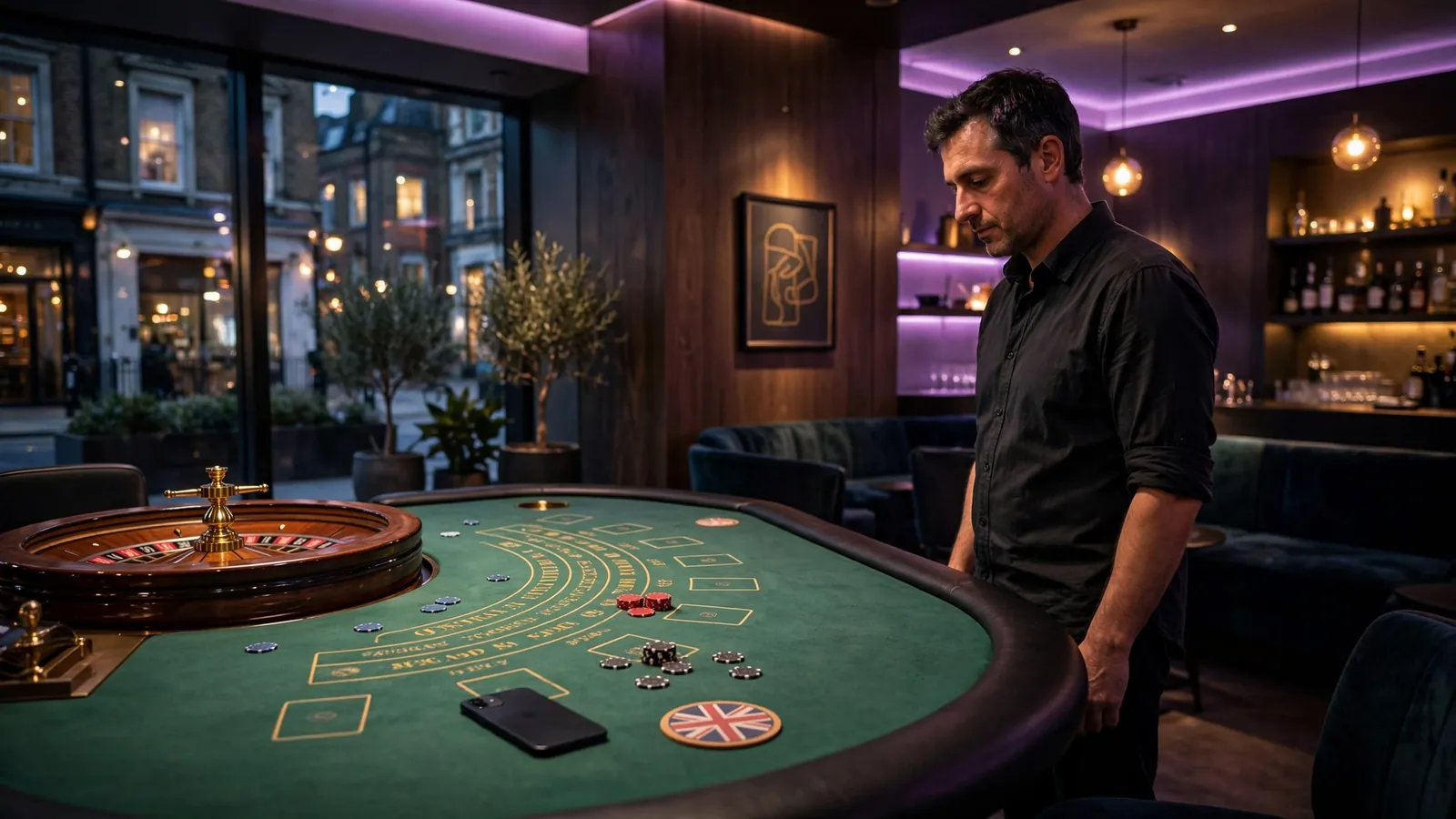 Modern UK casino lounge with empty gaming table, chips, and roulette wheel at evening