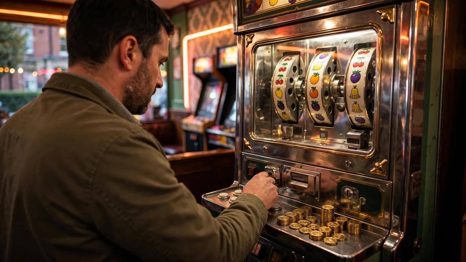 Adult player beside a vintage three-reel machine in a warmly lit British arcade.