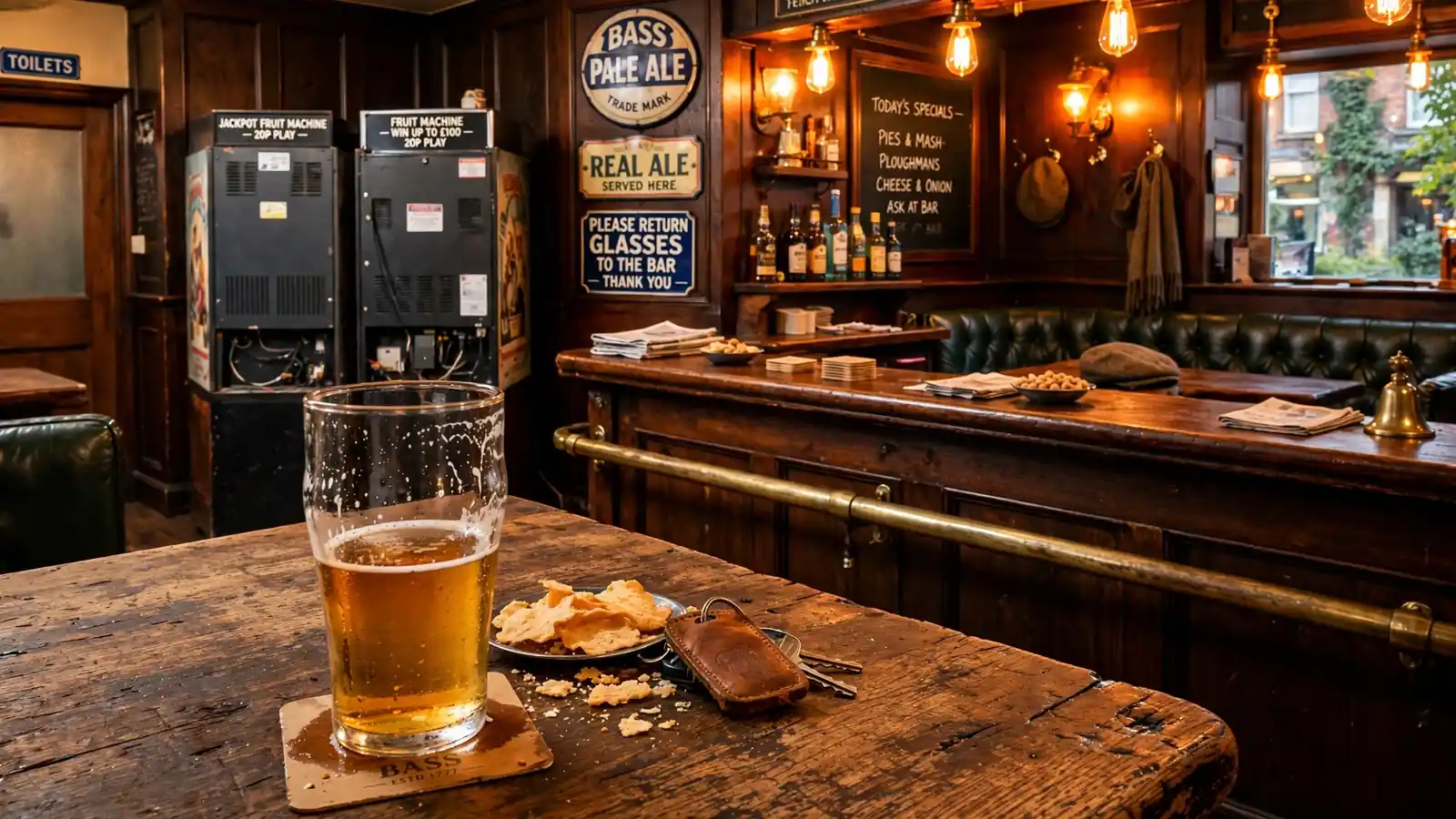 Traditional British pub interior with classic slot machines against wooden paneling and a pint of ale on the table