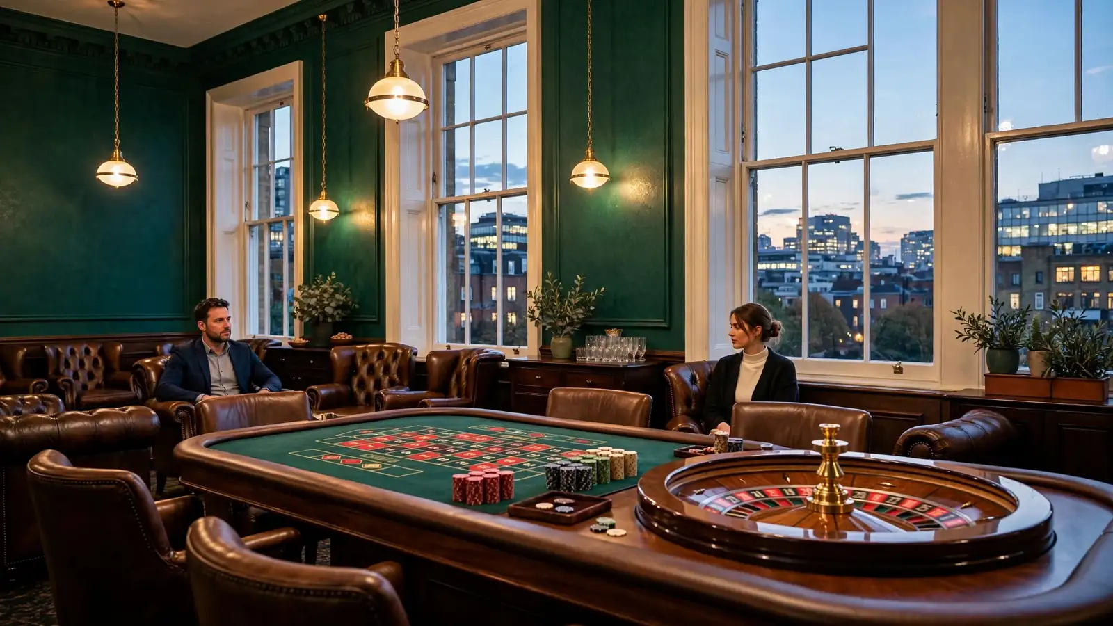 Refined British casino lounge with a roulette table, stacked chips, and warm evening lighting