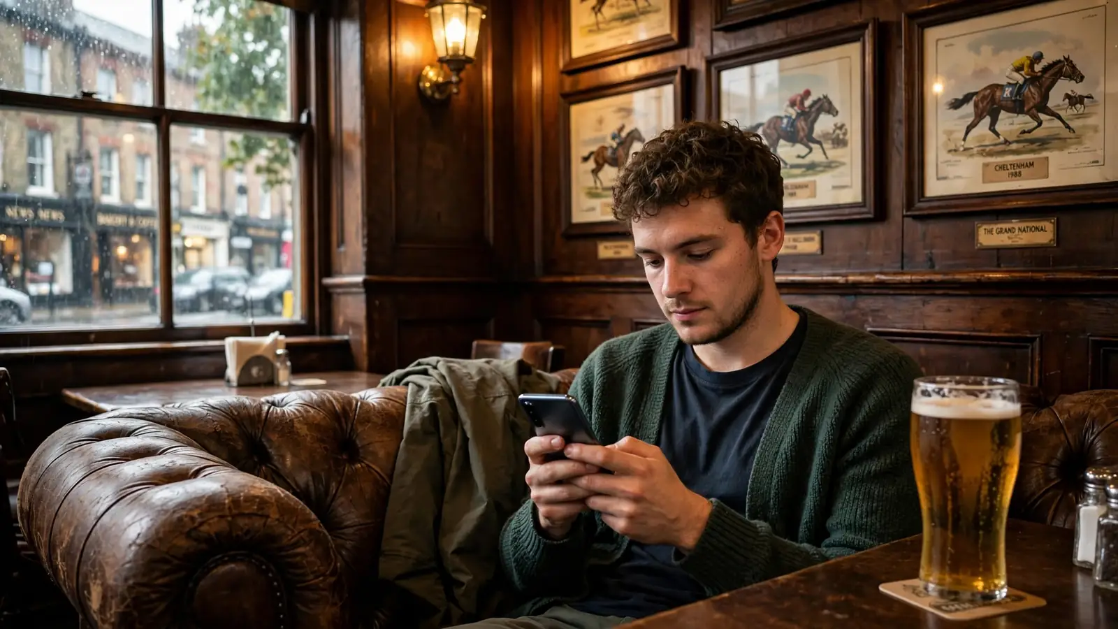 Person playing on an Android smartphone inside a traditional British pub, pint of beer nearby, relaxed evening setting.