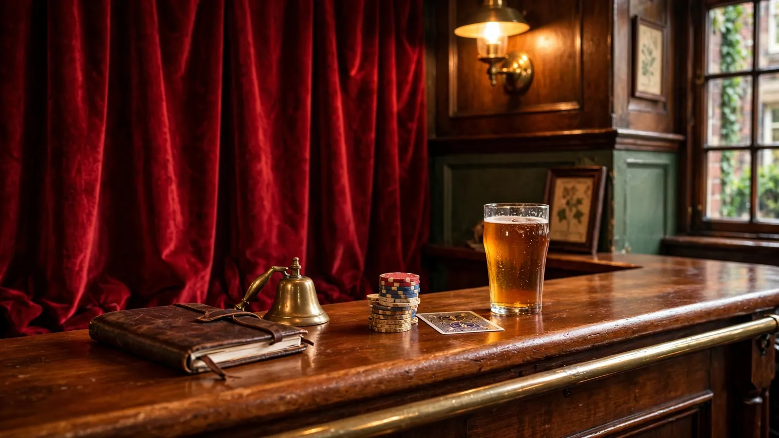 British pub bar counter with ale, poker chips, and playing card under warm lighting.