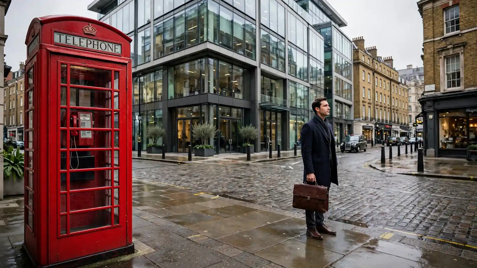 London street with red telephone box, modern office, man with briefcase
