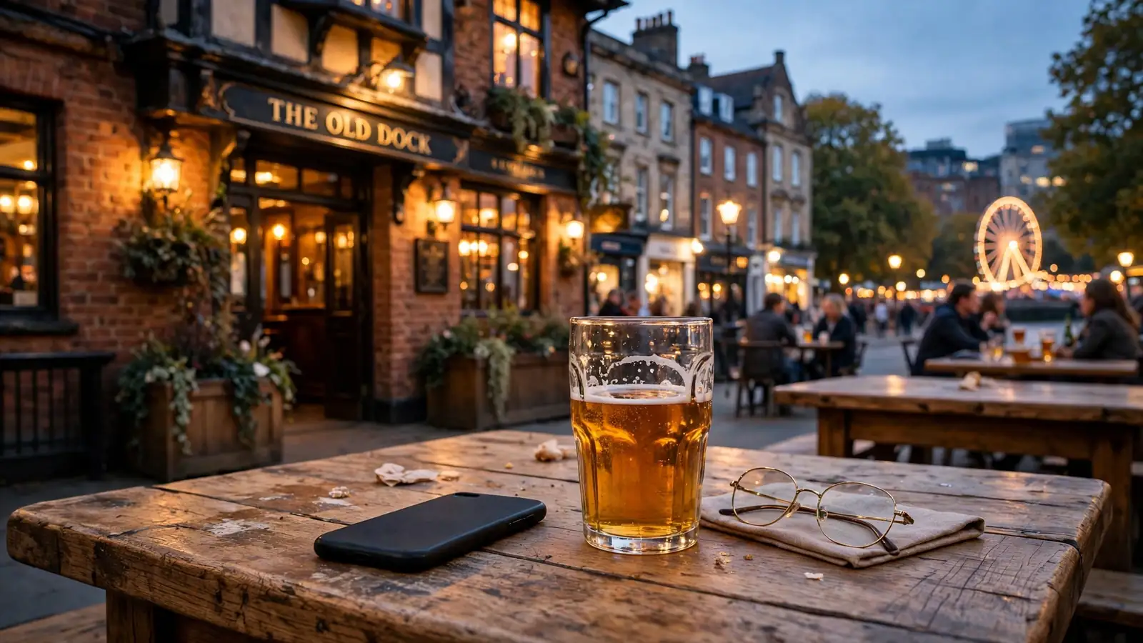 Smartphone on pub table with ale, British city at dusk