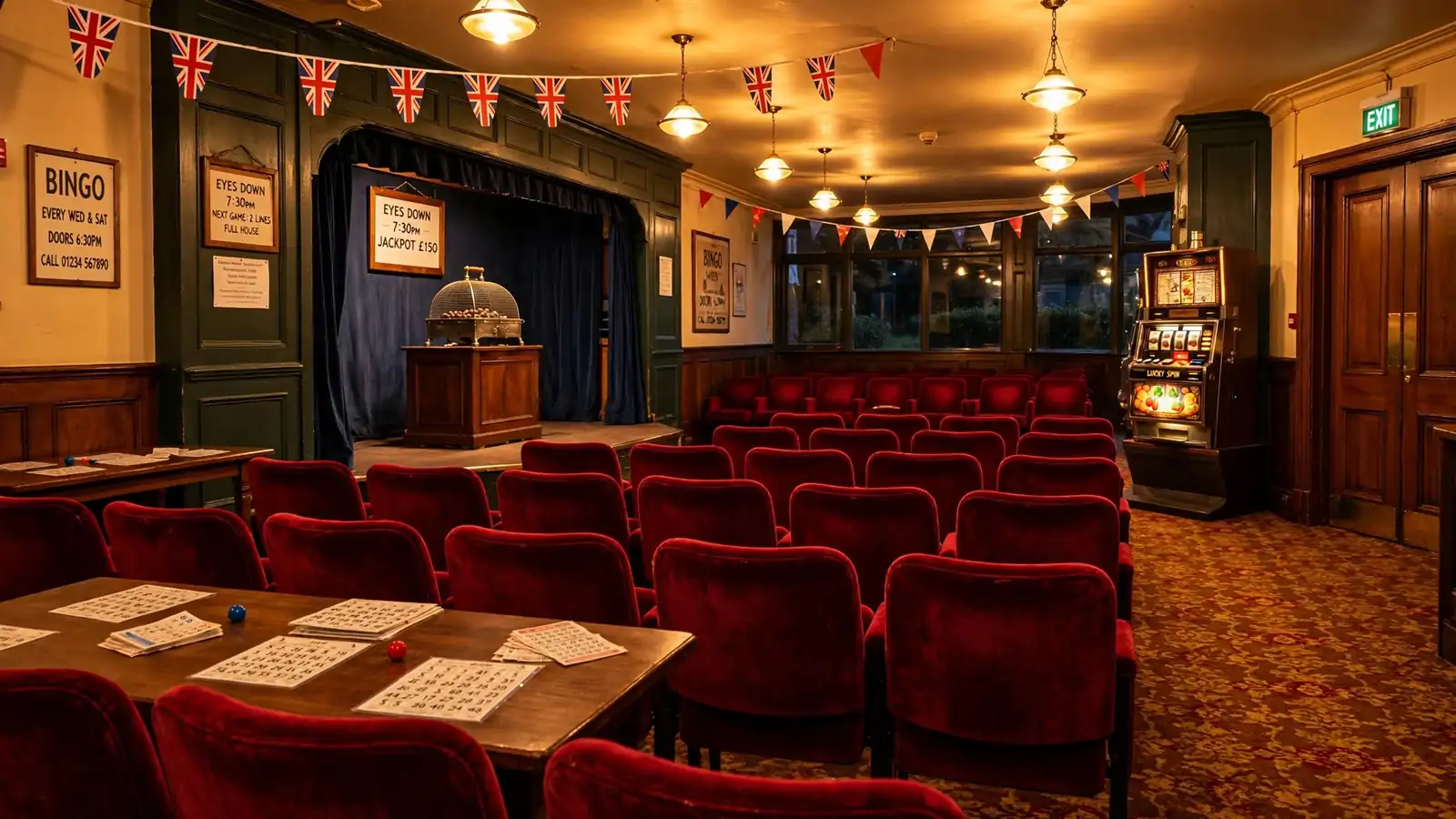 Traditional British bingo hall interior with vintage cage and slot cabinet