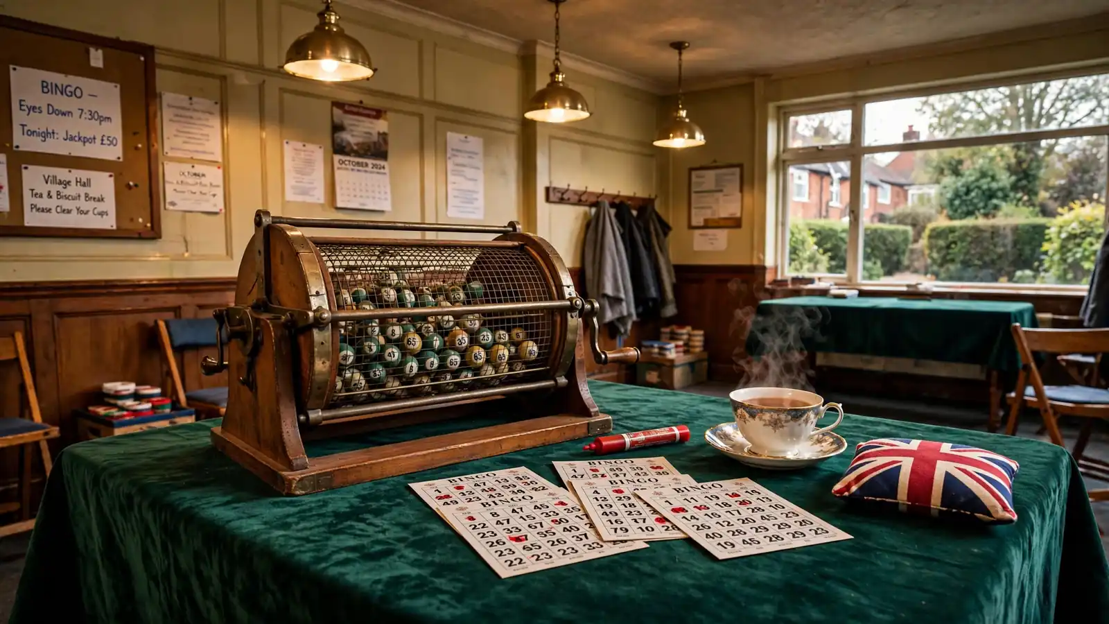 Traditional British bingo setup with vintage cage, numbered balls, cards, dauber, and tea on a velvet table
