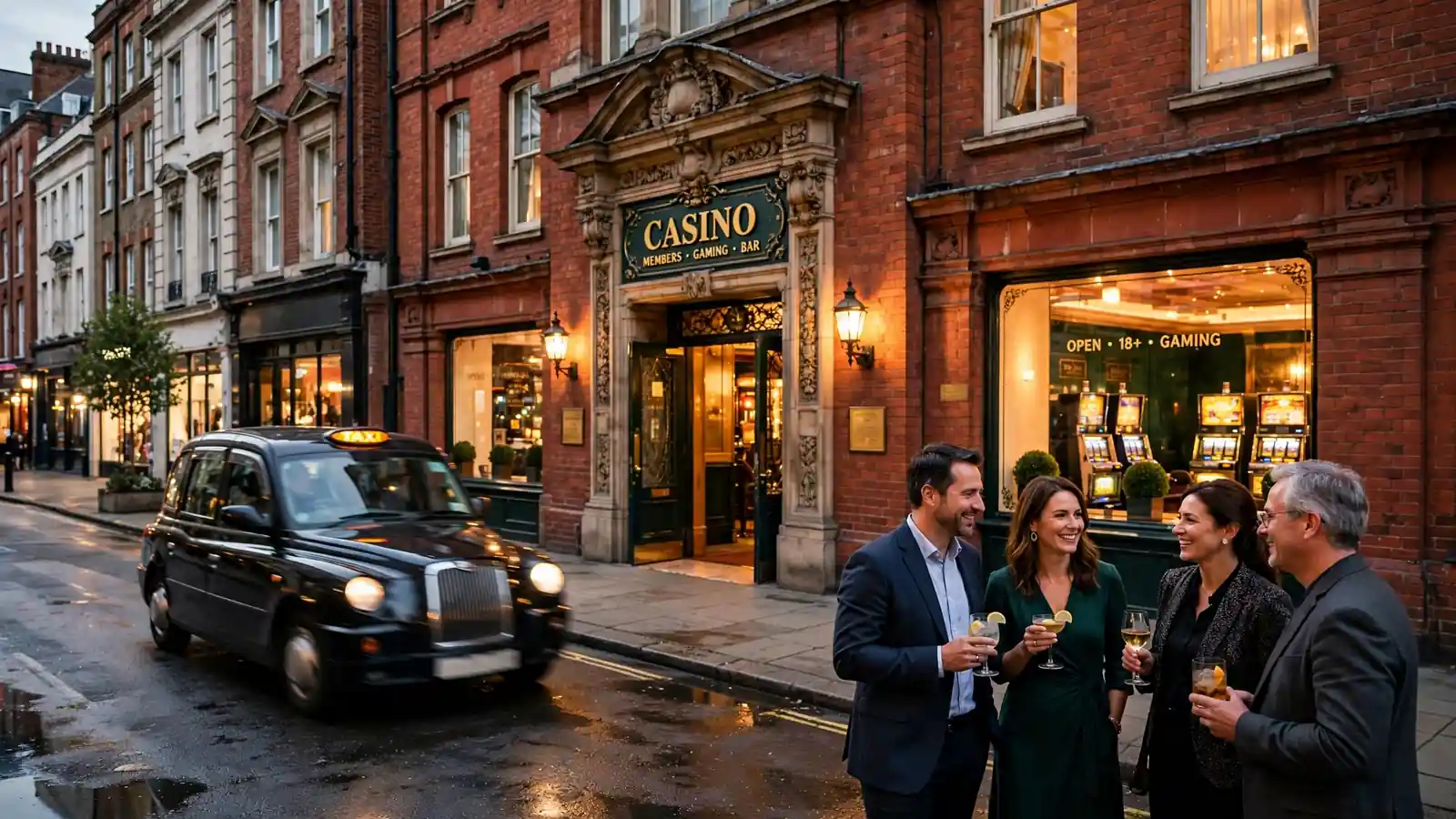 Classic British high-street casino entrance on a UK evening