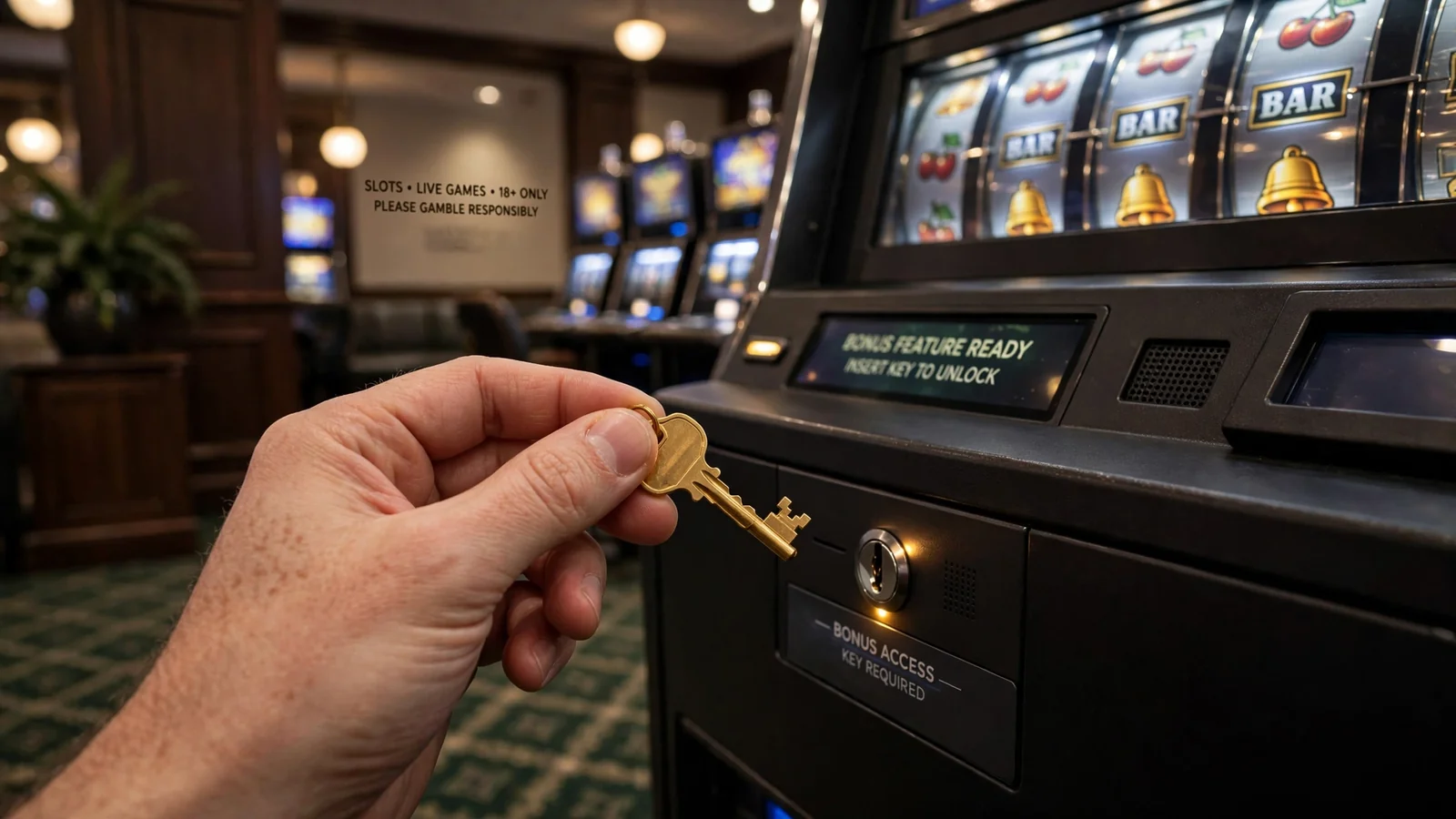 Hand holding a golden key above a slot machine on a casino floor