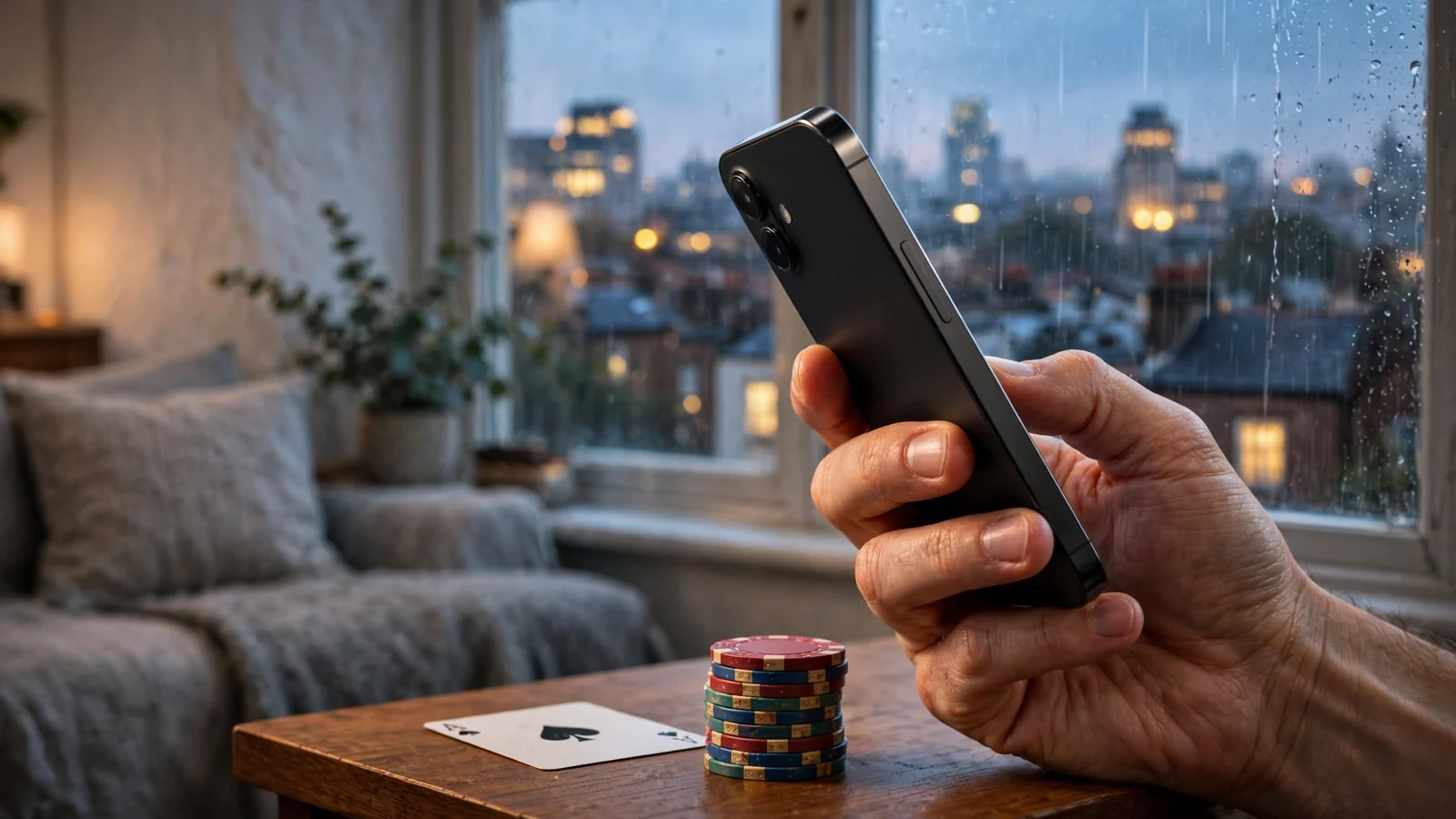 Hand holding a smartphone in a London flat with casino chips nearby