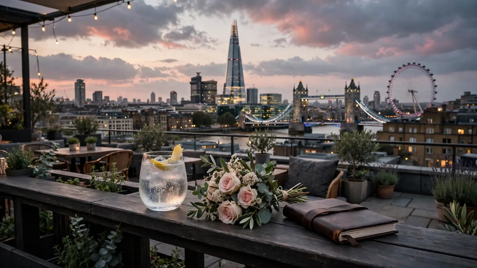 London skyline at twilight with a celebratory drink on a rooftop railing.