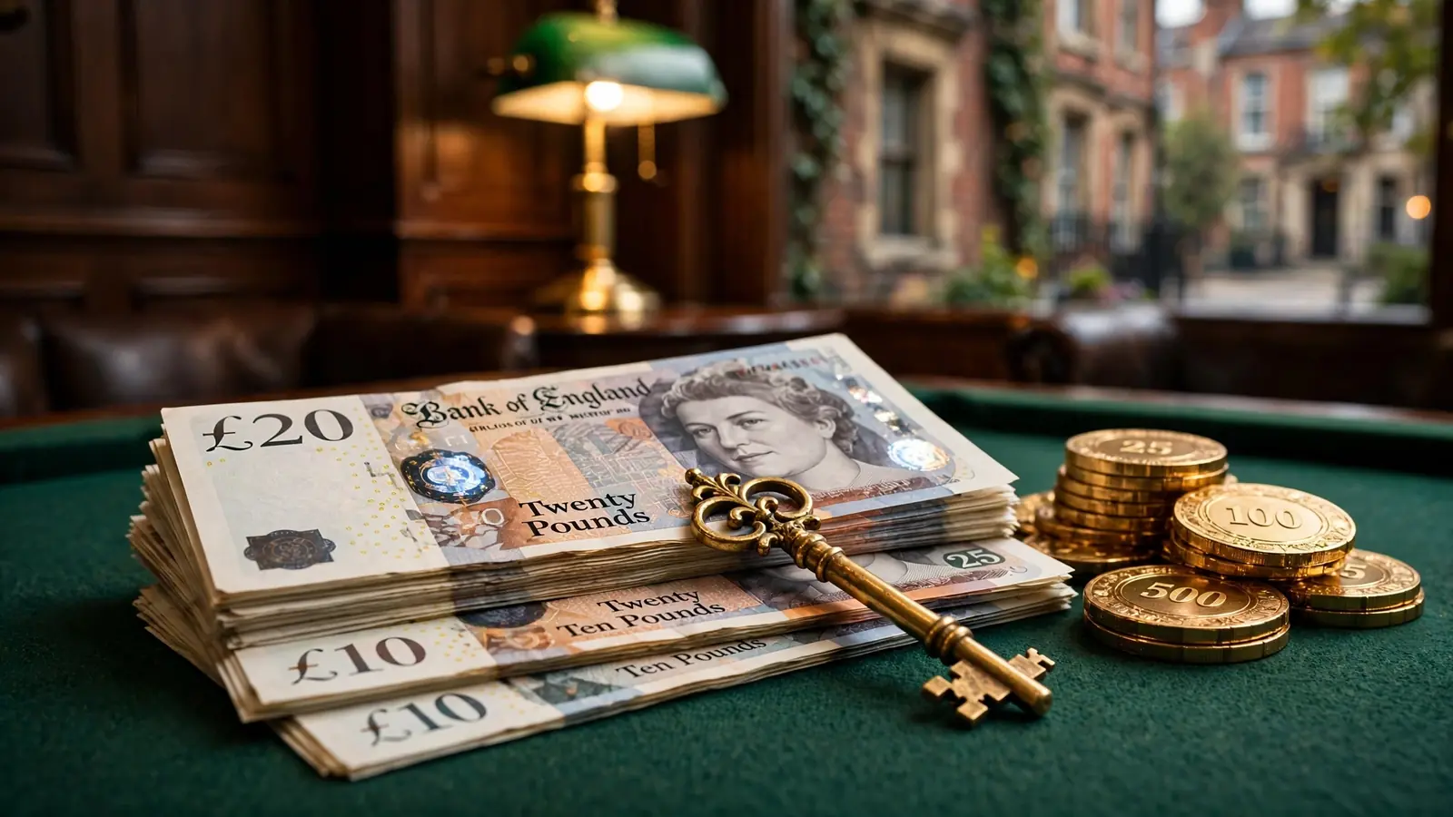 British pound banknotes stacked with gold casino chips and a golden key on green felt.