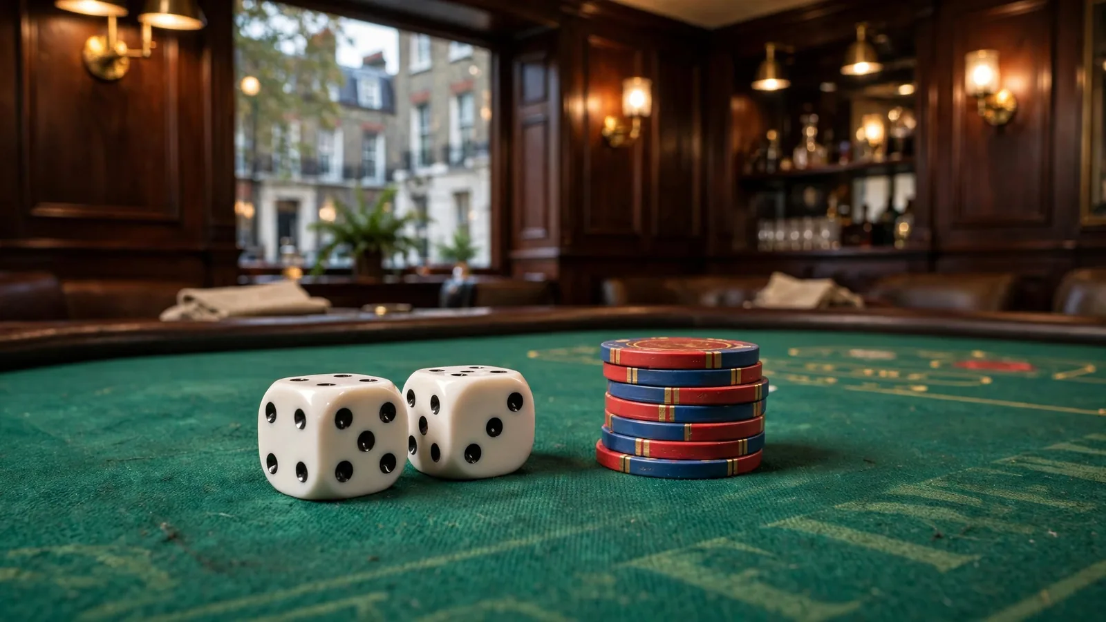 Dice and chips on a craps table in a modern British casino setting.