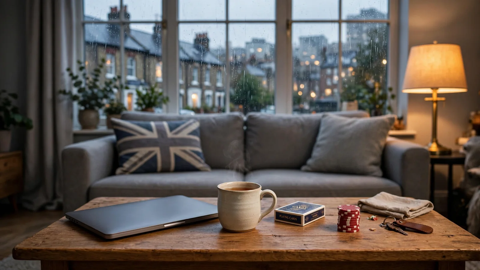 British living room with laptop, playing cards and casino chips by a rain-streaked window.