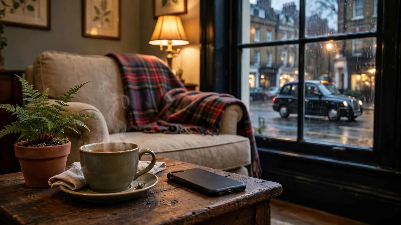 Smartphone on a side table in a British living room at evening