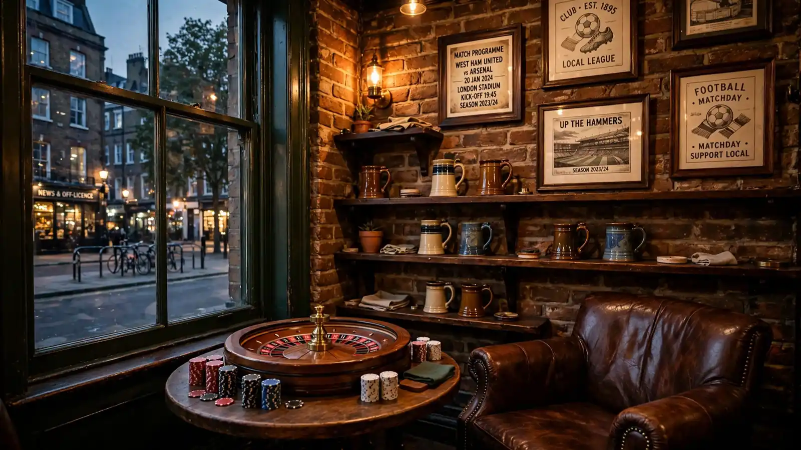 Cozy British pub lounge with roulette wheel, casino chips, and warm evening lighting.