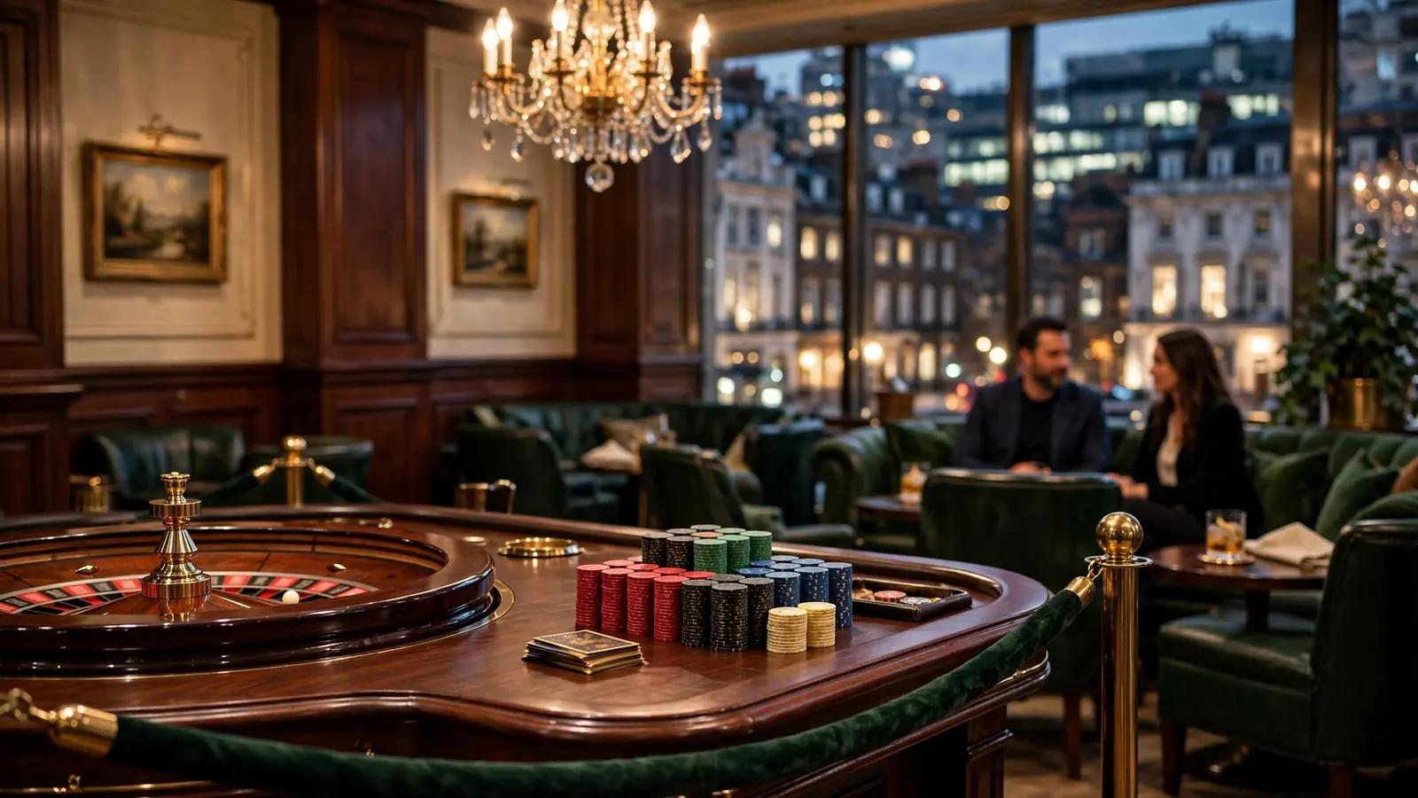 British casino lounge with roulette table, chips, chandelier, and London skyline at night