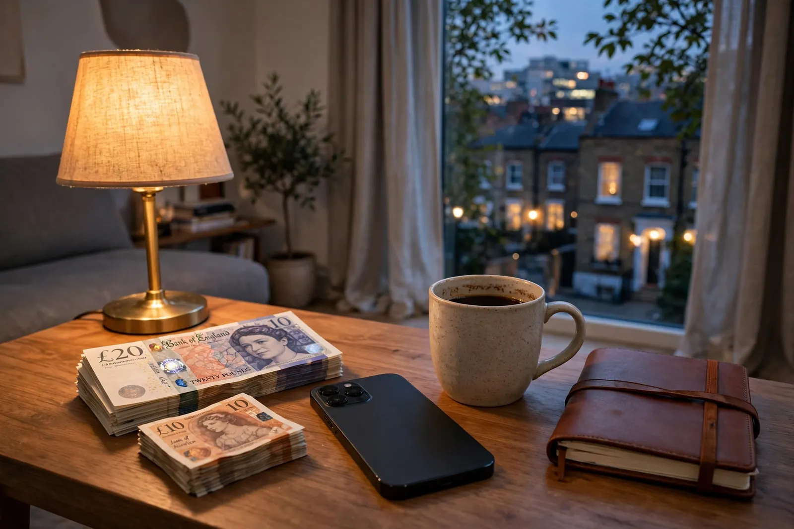 British pounds stacked beside a smartphone on a side table in a London flat.