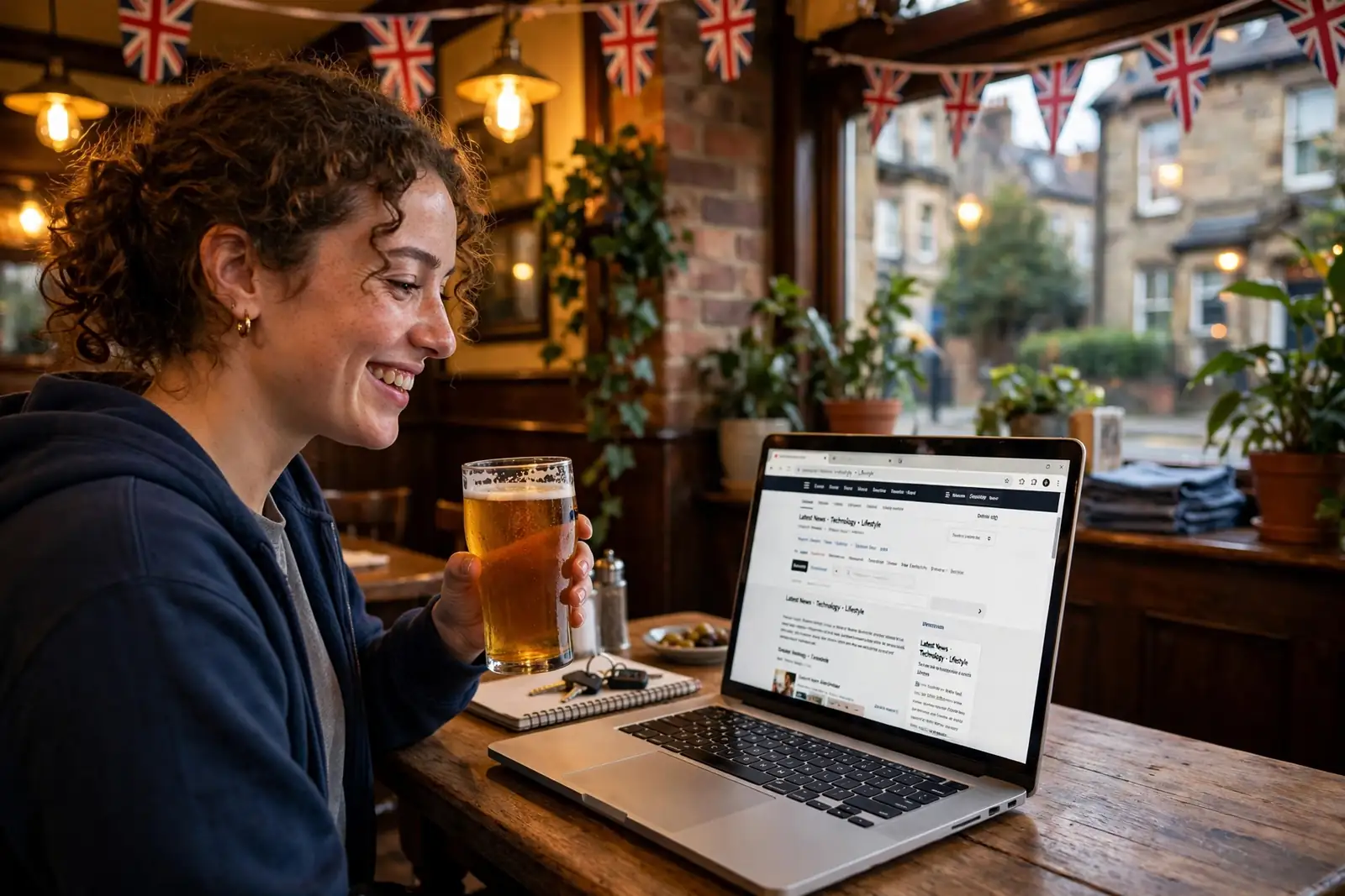 Young adult at pub table with laptop and ale, UK flags