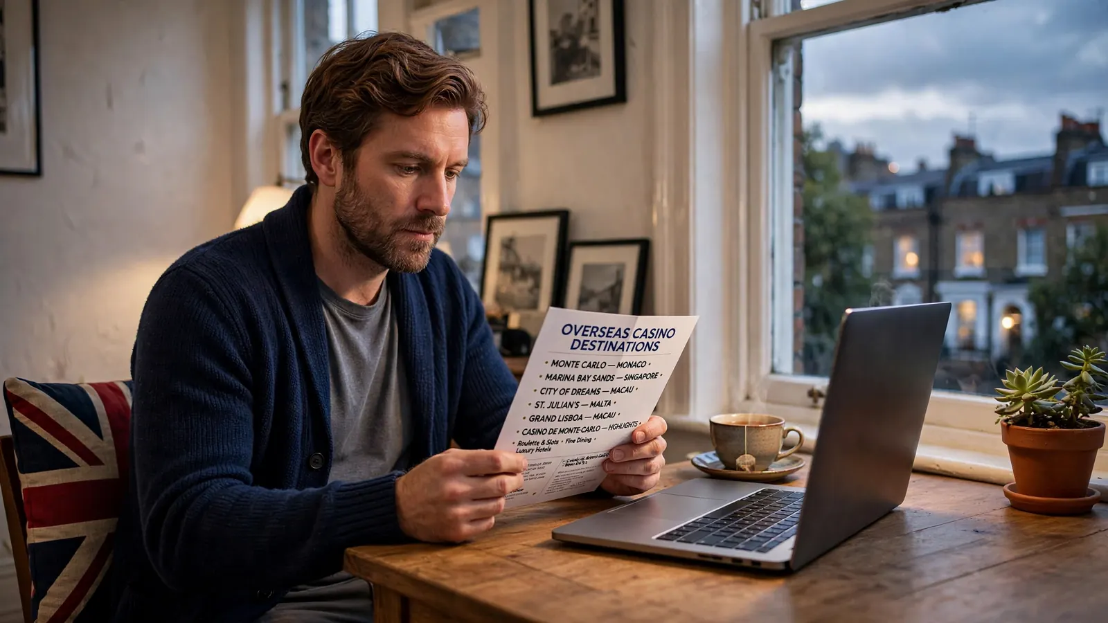 British player considering overseas casino options at a desk with laptop.