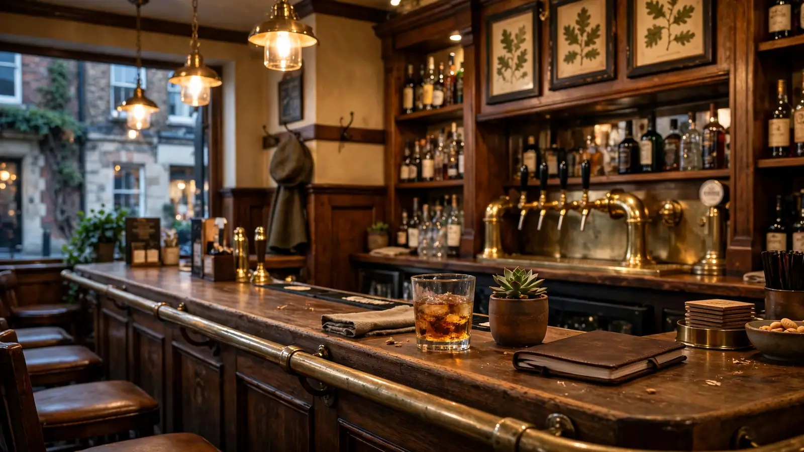Warm British pub interior with a drink on the counter