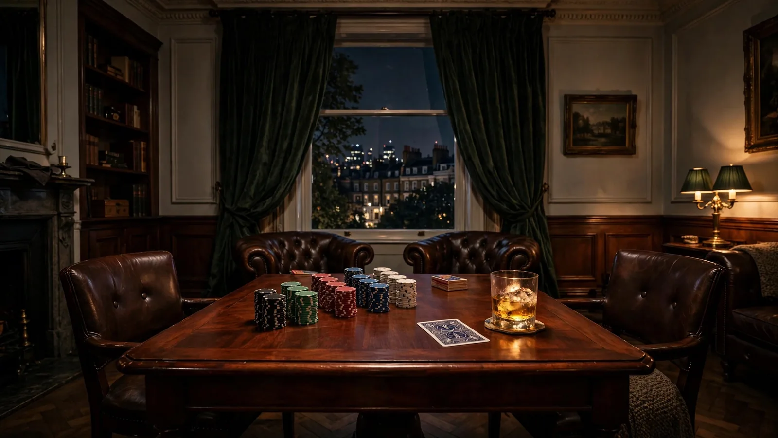 Private high-stakes gaming room with chips, a face-down card, and whisky by a curtained London window at night.