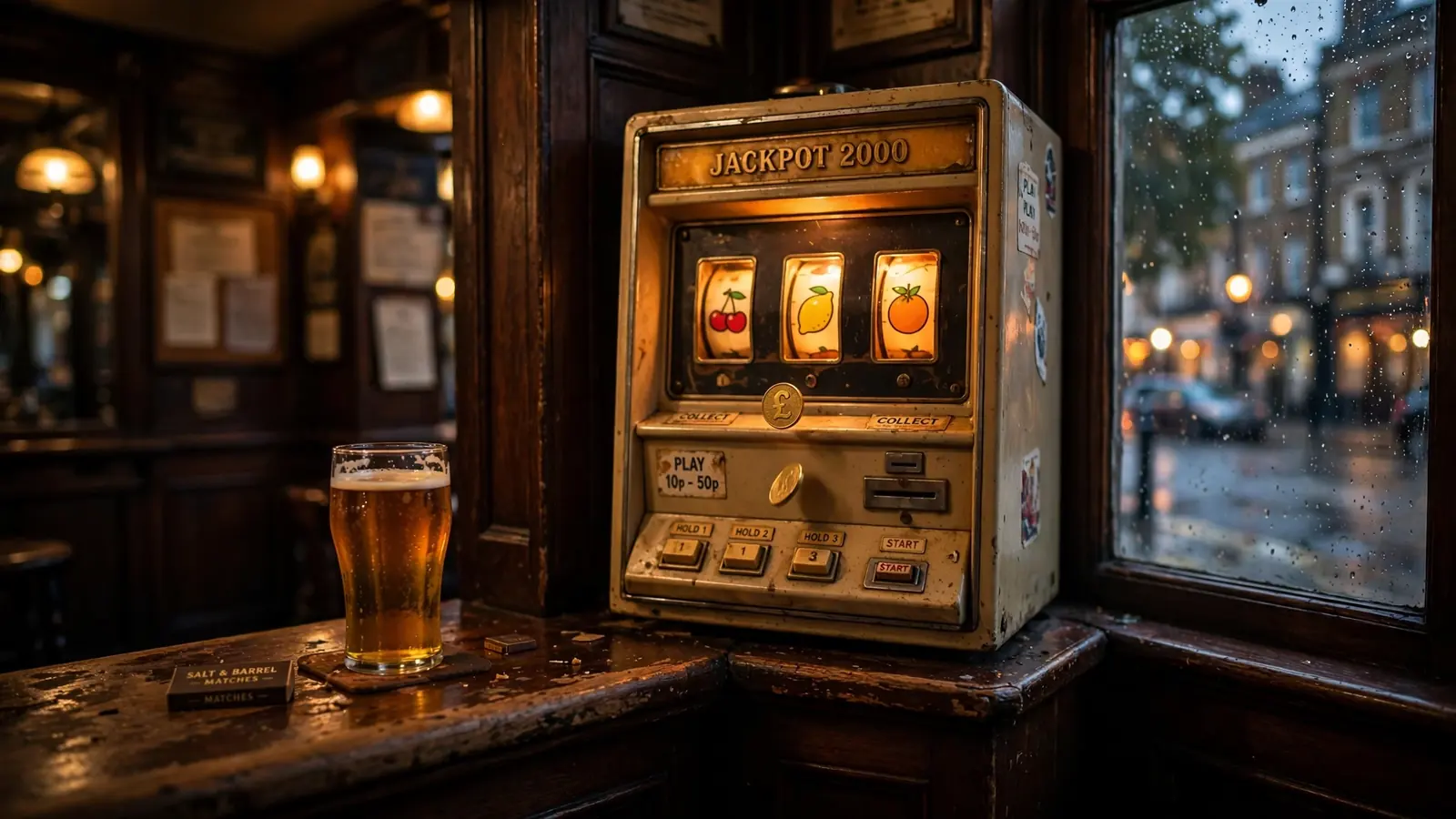 Vintage UK fruit machine glowing in a rainy London pub corner with a flying coin