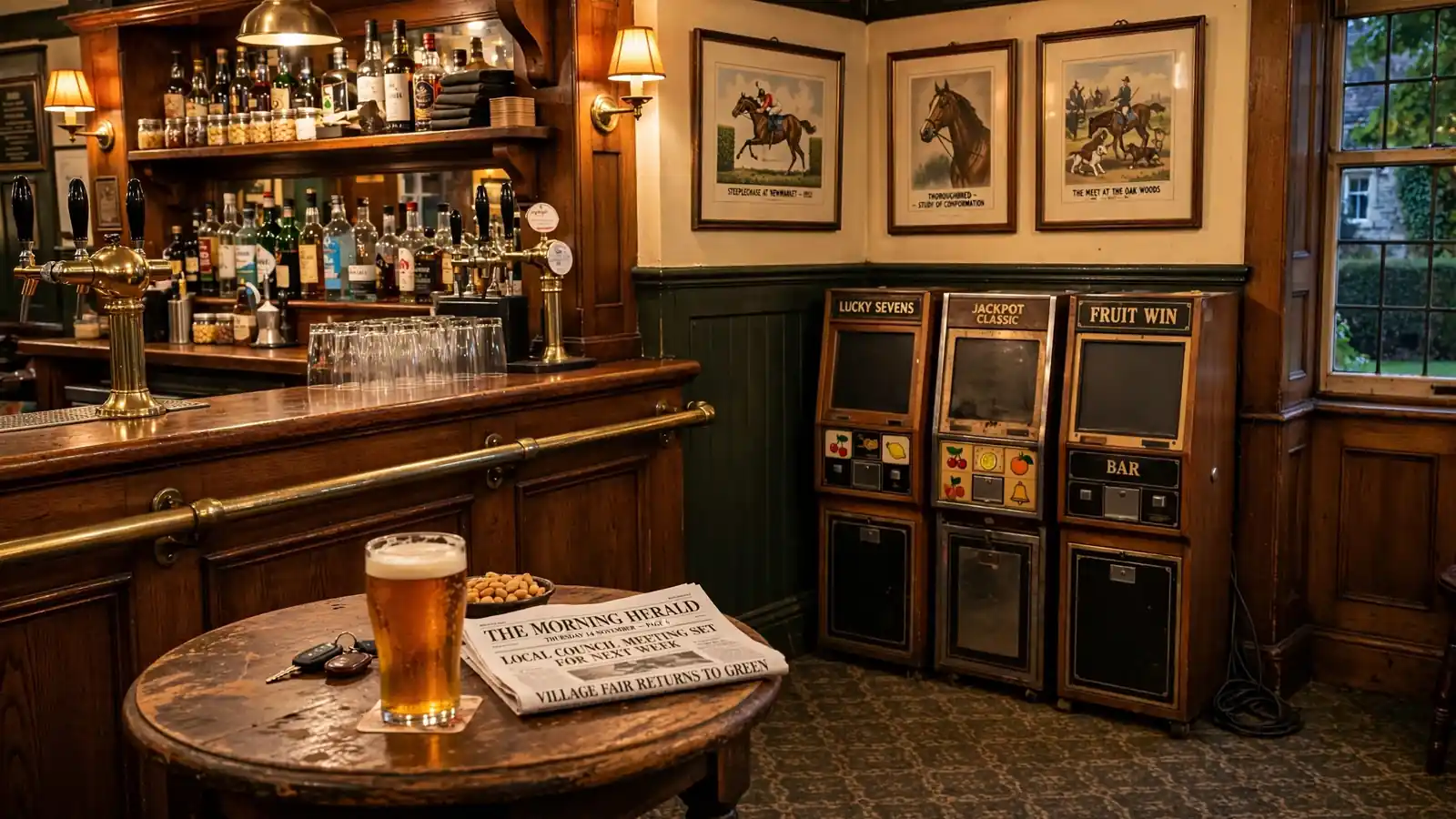 British pub interior with traditional slot machines beside a wooden bar