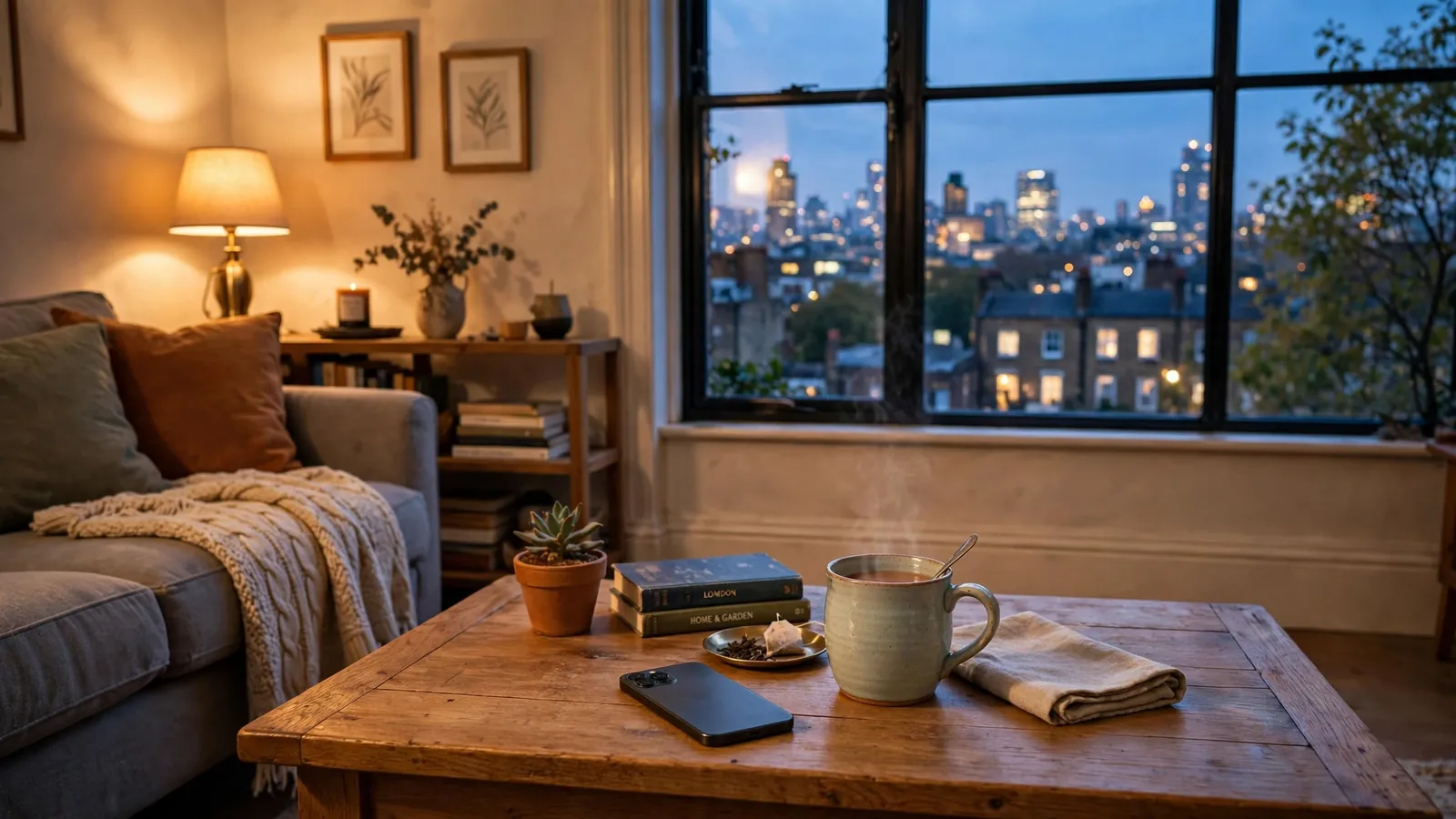 Modern UK living room with smartphone on table and London skyline at dusk.