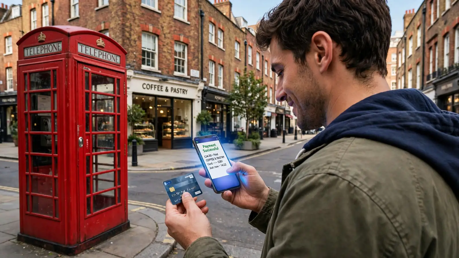 Smiling man on a London street checking a fast payout on his phone.