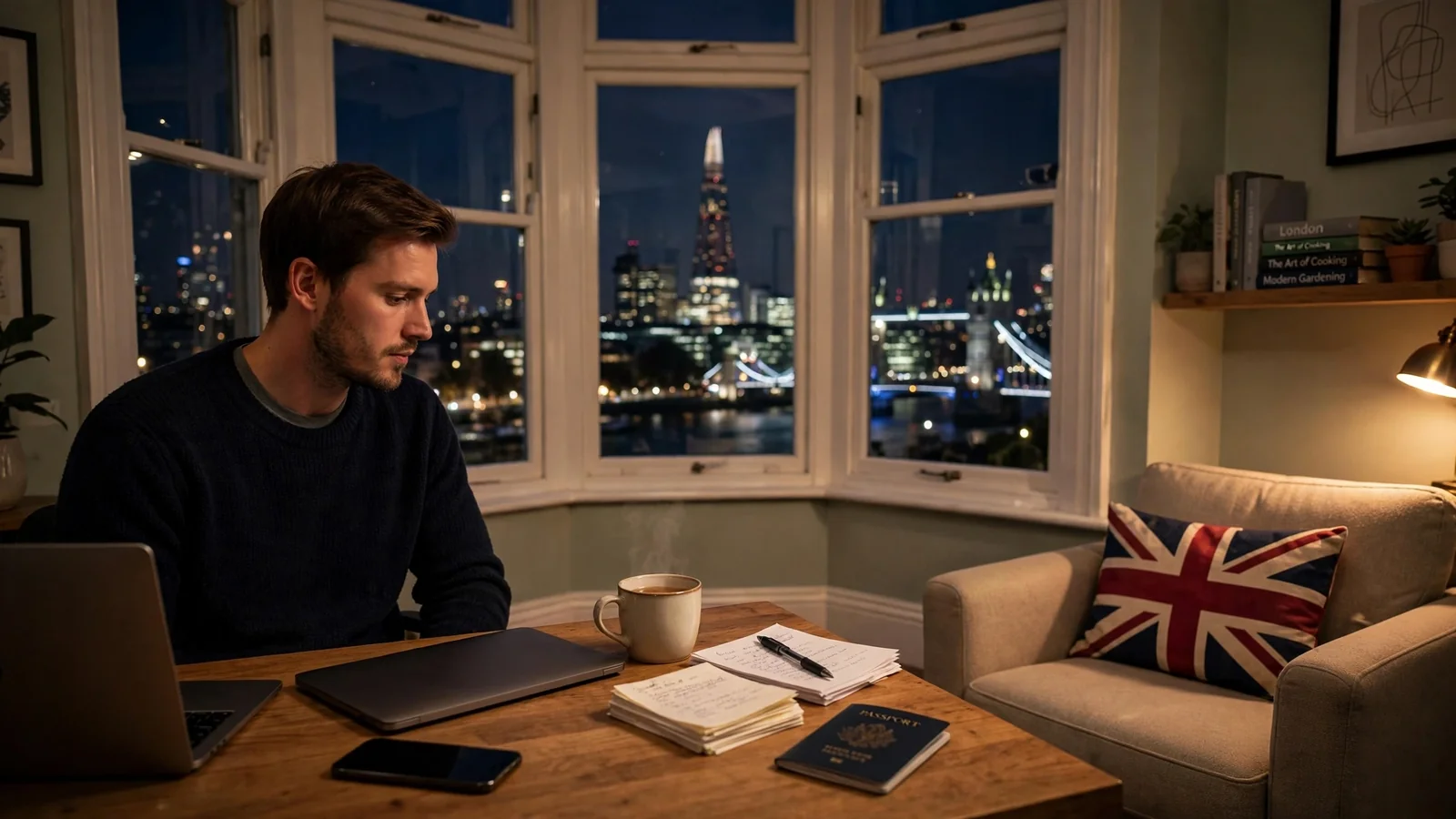 Young man at desk reviewing notes in a London apartment at night