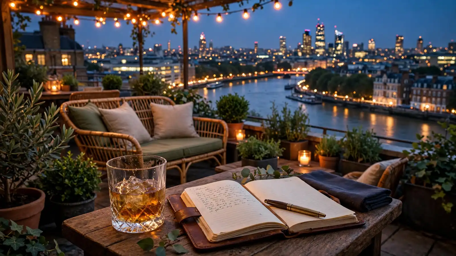 London rooftop lounge with Thames skyline, whisky glass and notebook on a table.