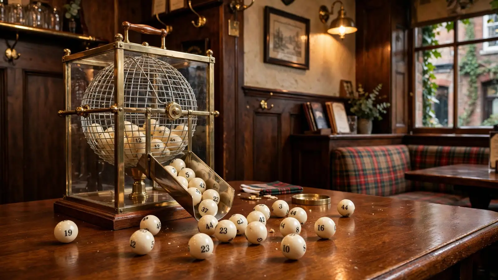 Numbered keno balls spilling from a glass draw cage onto a wooden pub table