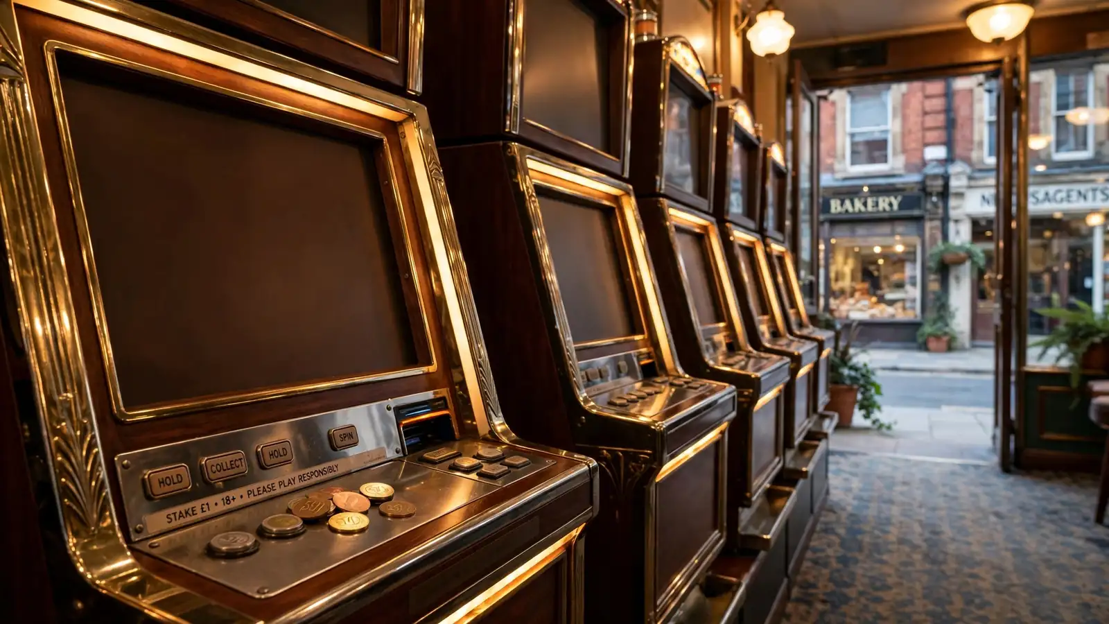 Row of classic slot machines in a UK arcade