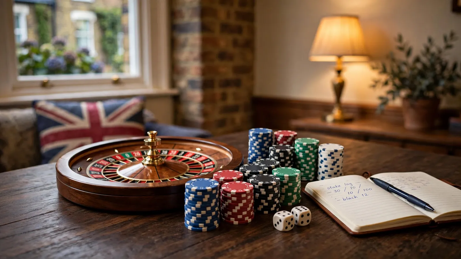 Casino chips, roulette wheel, dice and notebook on a wooden table in warm light.