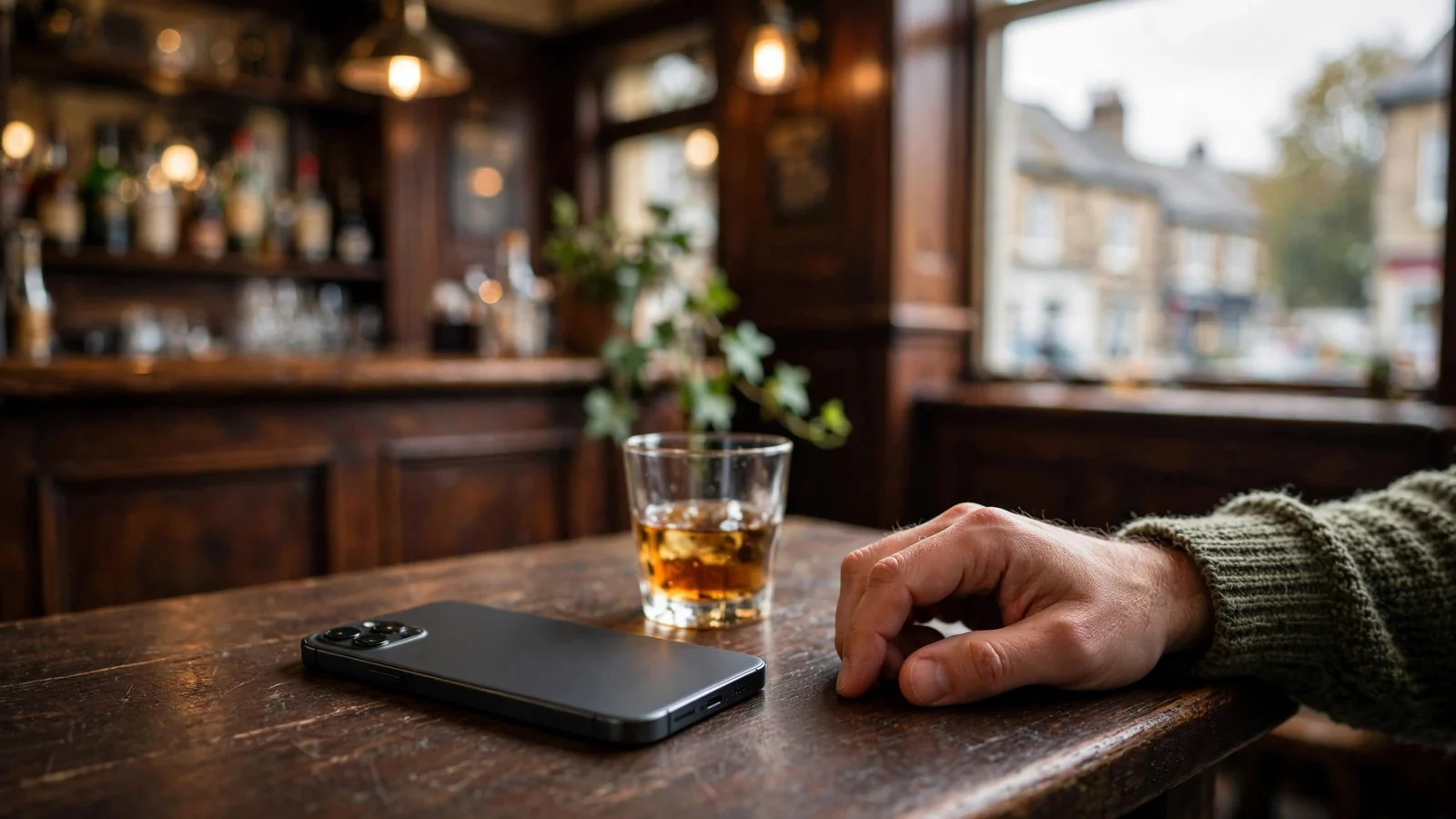 Smartphone on a pub table with a hand nearby in a British setting