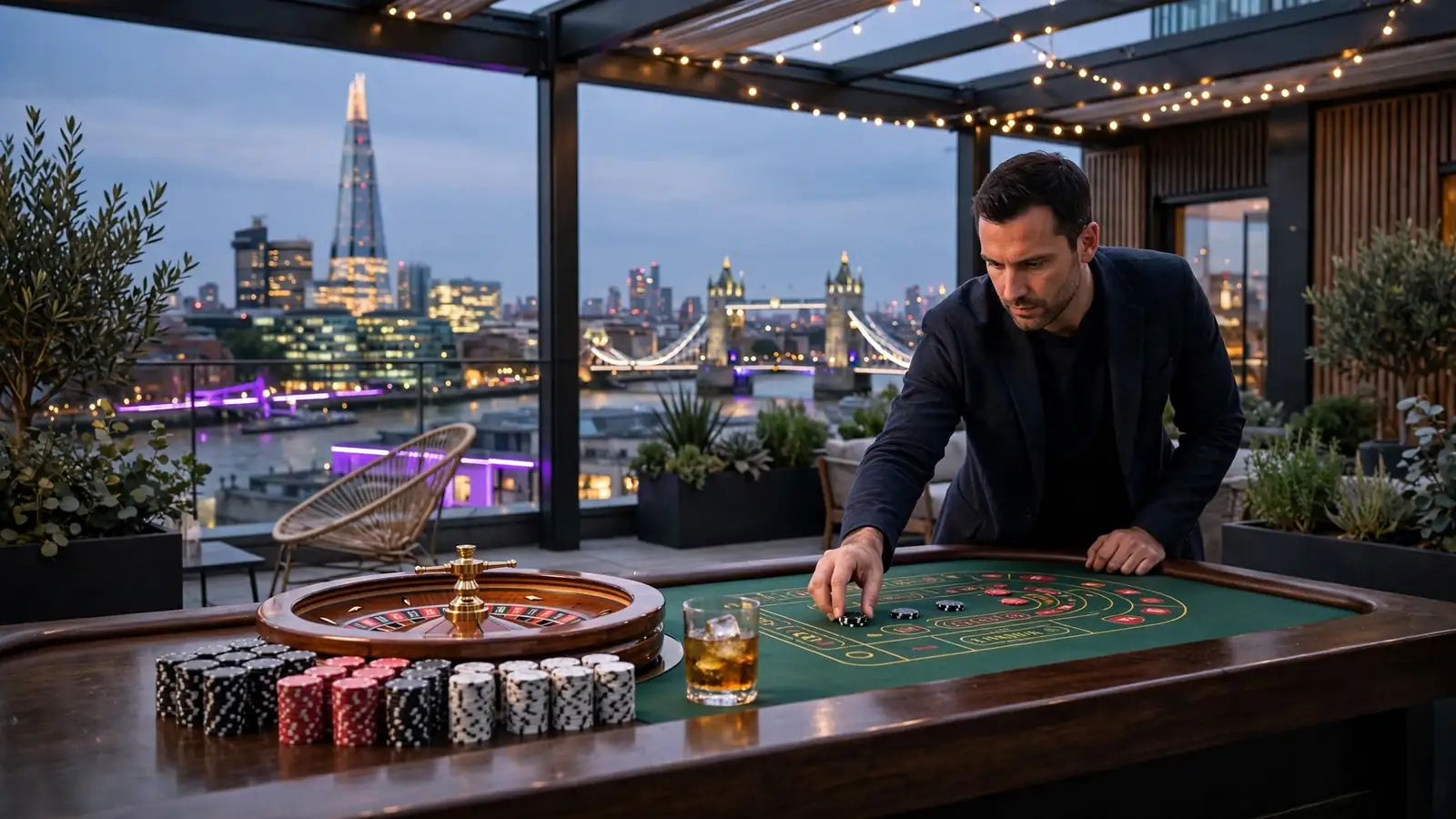 London rooftop casino lounge with skyline, roulette wheel, chips and whisky