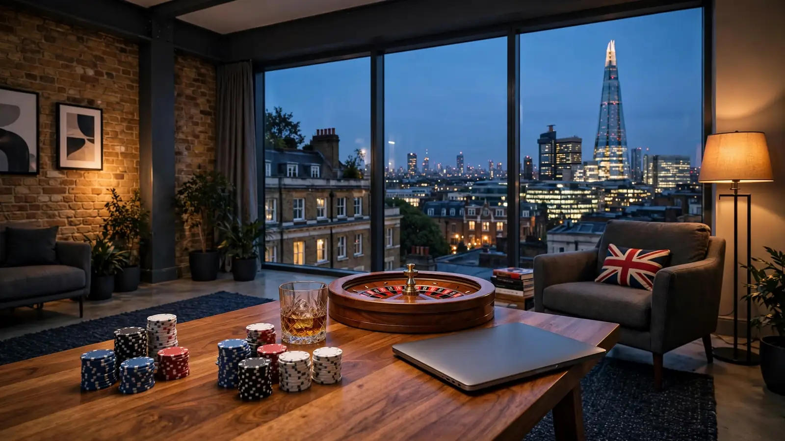 Modern London loft with casino chips, roulette wheel, and skyline view at dusk.