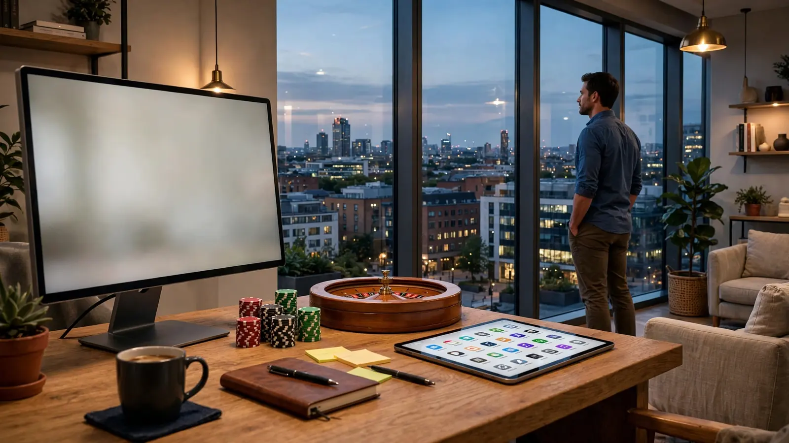 UK office with monitor, casino chips, and roulette wheel near a window.