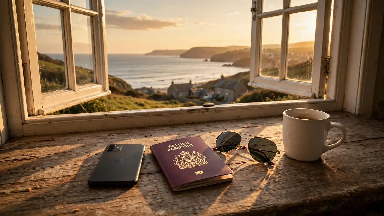 Smartphone face-down on a wooden table by a sea-view window with a British passport, sunglasses, and coffee mug.