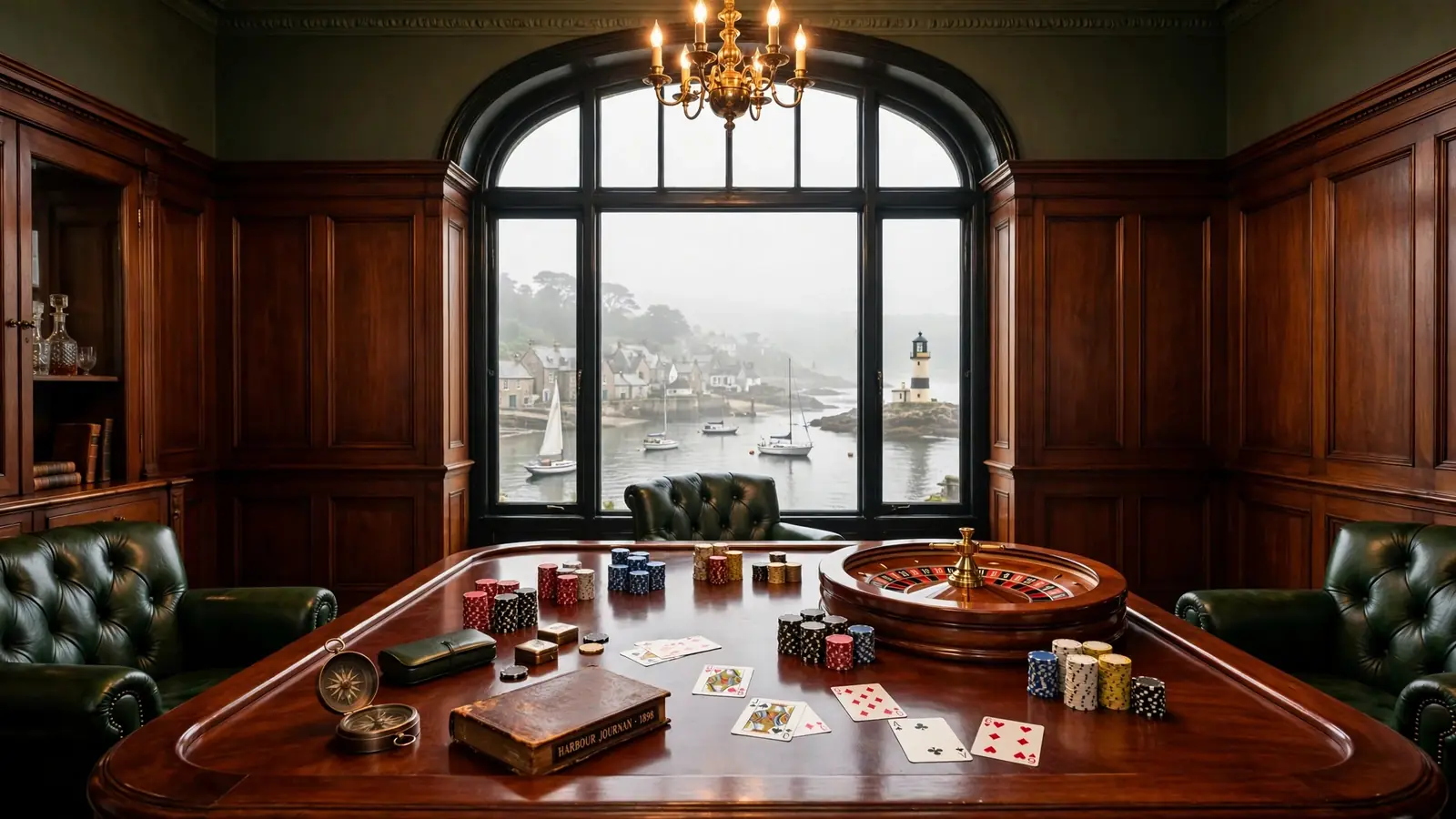 Elegant British gaming room with casino chips, playing cards, and harbor view through an arched window.