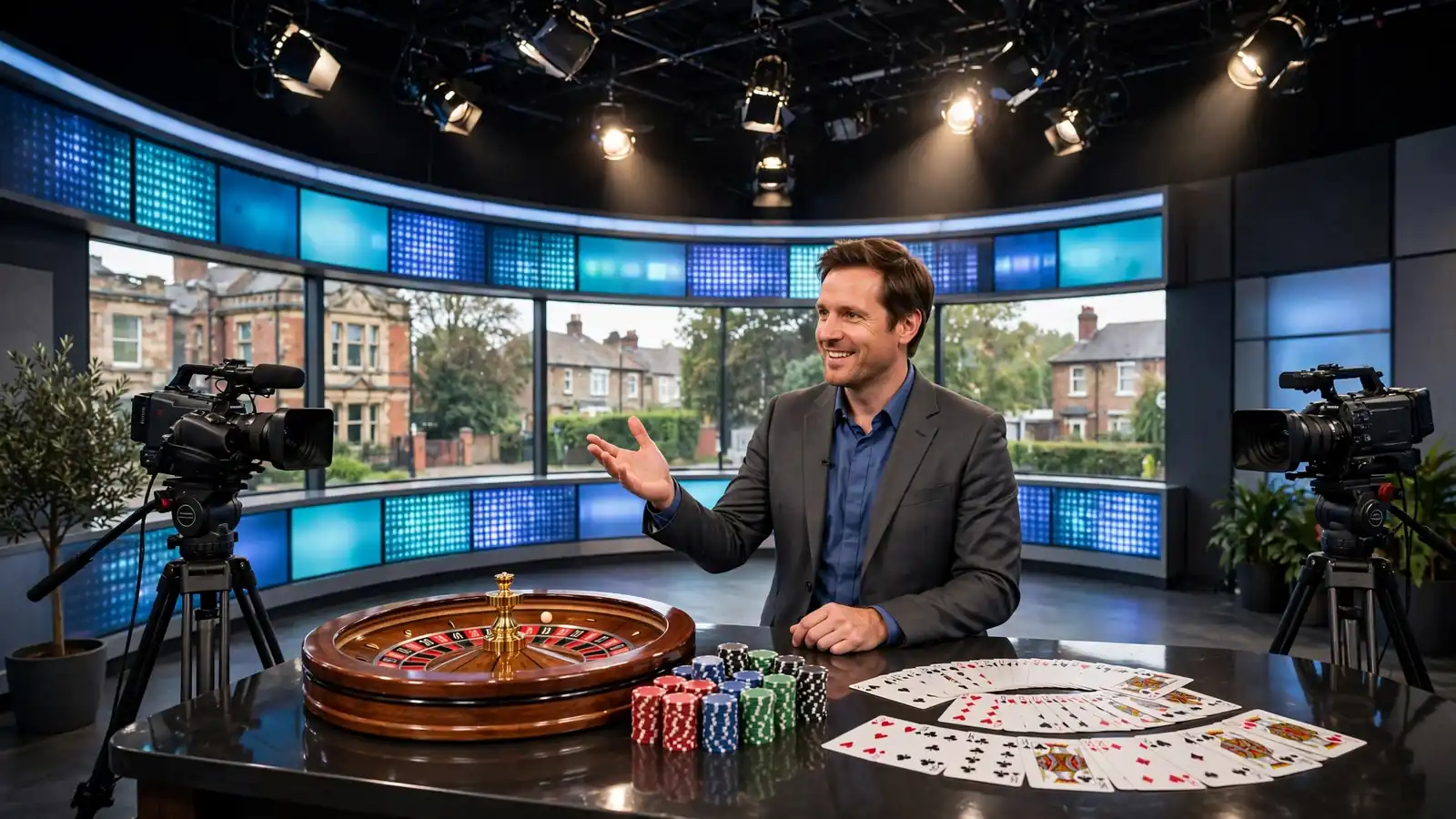 Live casino game show studio with presenter, roulette wheel, chips, and cards