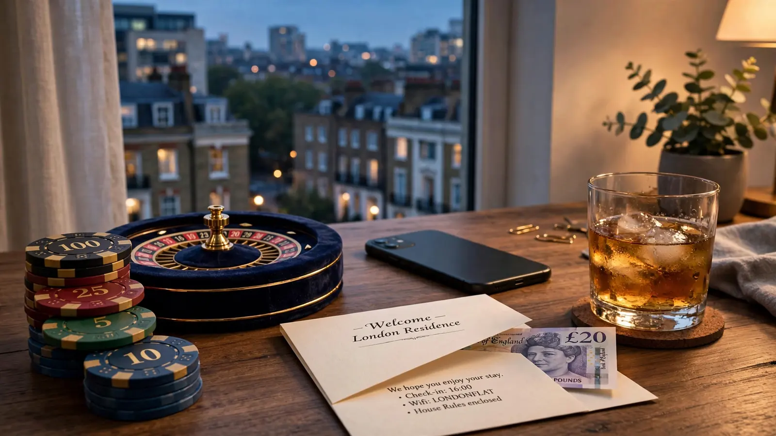 Casino welcome bonus scene with chips, roulette wheel, and UK pound note on a desk.