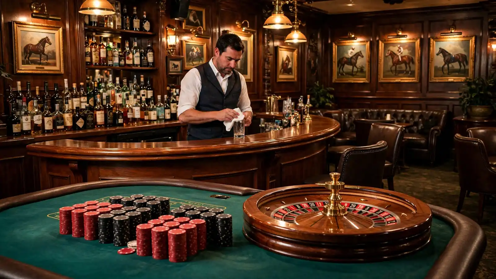 British casino lounge with roulette wheel, stacked chips and ambient bar lighting