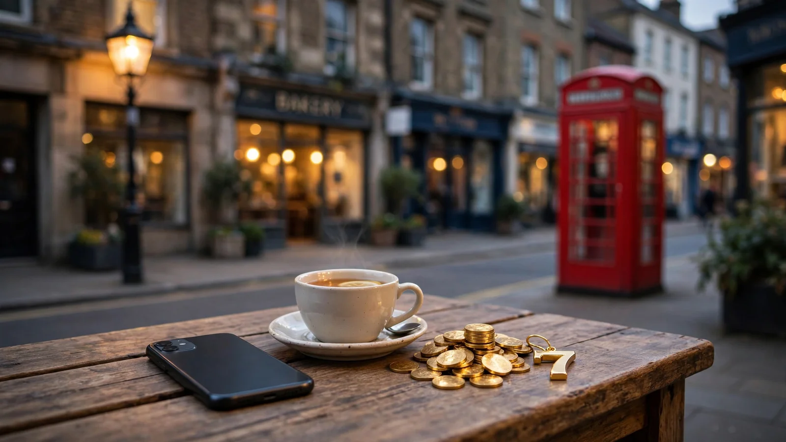 British high street scene with a smartphone, gold coins, and a teacup on a café table at dusk.