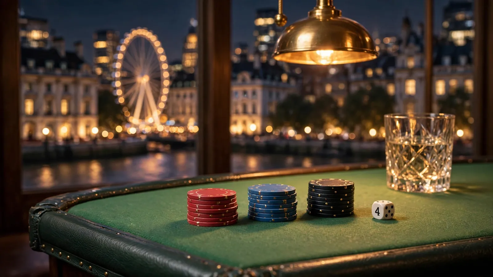 Casino chips and a die on a green felt table with a nighttime London skyline through a window.