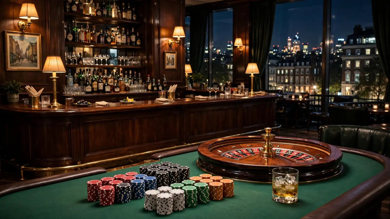 Elegant dimly lit casino lounge in London at night with roulette wheel and chips.