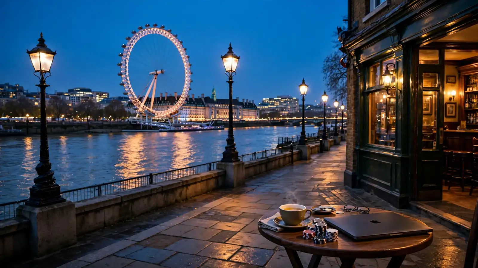 London Thames skyline at dusk with the illuminated London Eye and a riverside table with casino chips and tea.