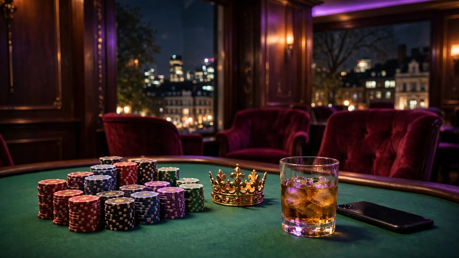 British casino lounge interior with chip stacks, golden crown ornament, and whisky on a felt table