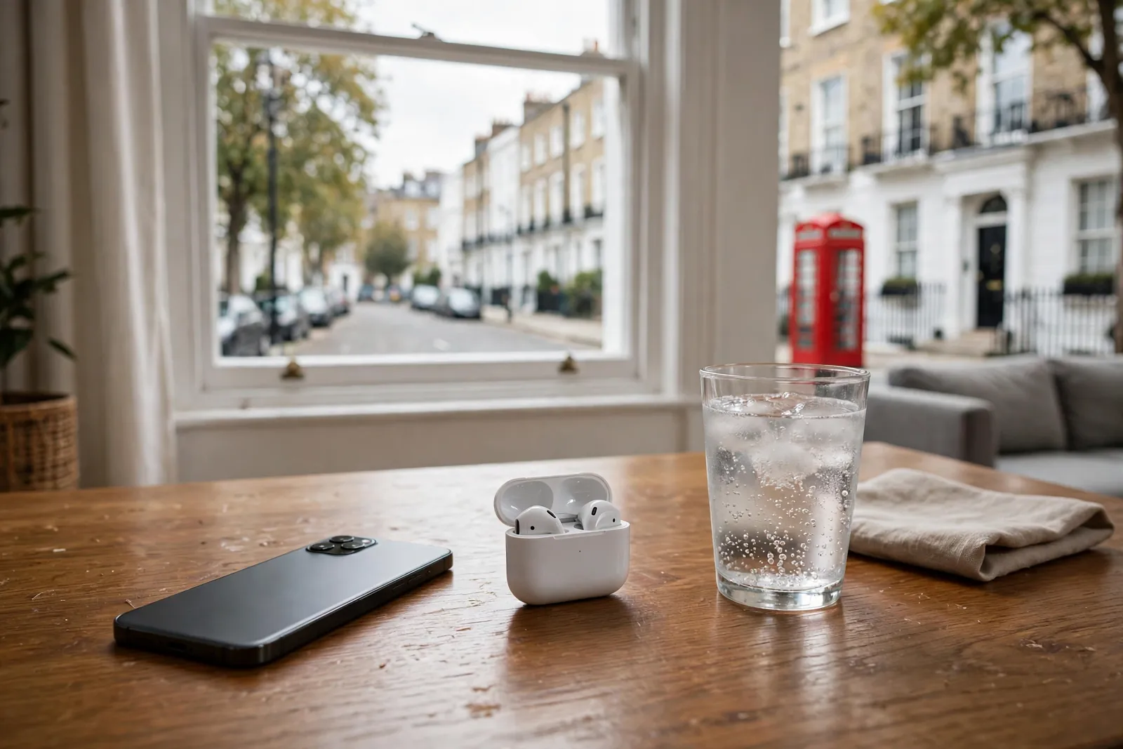 Smartphone and earbuds on a wooden table in a modern British flat.