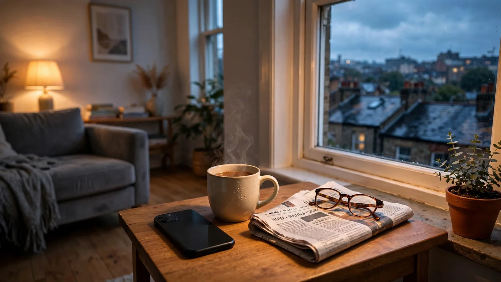 Smartphone on a side table in a cozy British living room at twilight, beside tea and a newspaper.